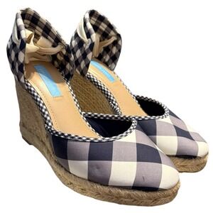 Draper‎ James Navy Gingham Espadrille Wedges Size 8 Ankle Wrap Southern Chic